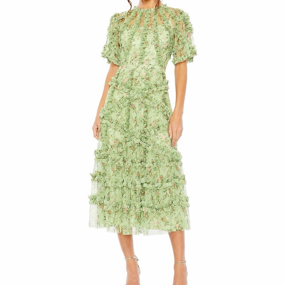 Mac Duggal Women's Floral Flutter Sleeve Mesh Print Dress